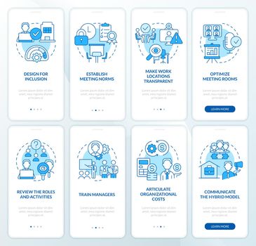 Hybrid workplace blue onboarding mobile app screen set. Transformation walkthrough 5 steps editable graphic instructions with linear concepts. UI, UX, GUI template. Myriad Pro-Bold, Regular fonts used