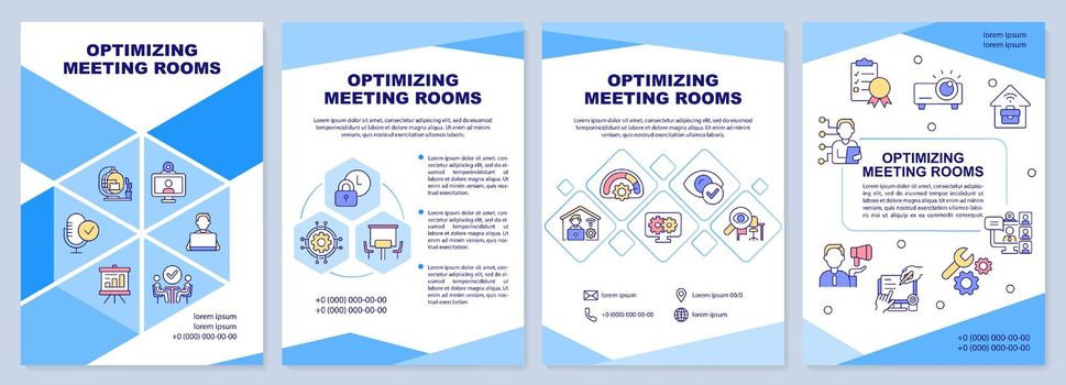 Optimizing meeting rooms blue brochure template. Business. Leaflet design with linear icons. Editable 4 vector layouts for presentation, annual reports. Arial-Black, Myriad Pro-Regular fonts used