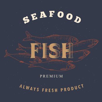 Fish logo template on a dark background. Fish label for the menu of fish restaurants, markets and shops. Vintage vector illustration in the style of an old engraving.