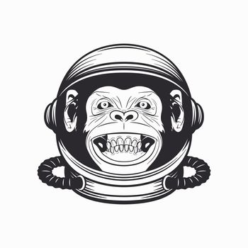 Vector Smiling Chimpanzee Ape with Astronaut Helmet, Funny Monkey with Cosmonaut Mask for Space Exploration. Spaceman Head Protection for Wall Art, T-shirt Print, Poster. Cartoon Cute Chimp Monkey.