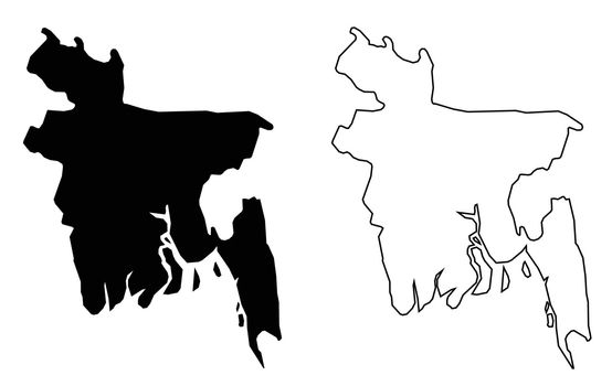 Simple (only sharp corners) map of Bangladesh vector drawing. Filled and outlined version.