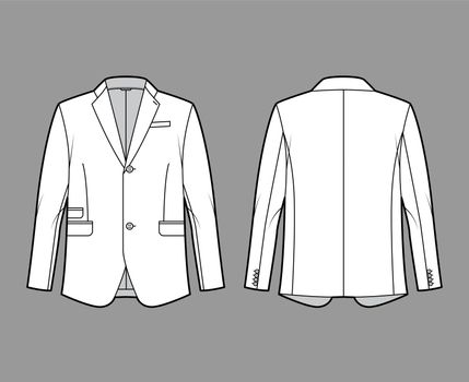 Tailored jacket lounge suit technical fashion illustration with long sleeves, notched lapel collar, flap went pockets. Flat coat template front, back, white color style. Women, men, unisex CAD mockup