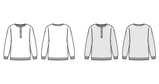 Sweater henley neck technical fashion illustration with rib crew collar, long sleeves, oversized, fingertip length, knit cuff trim. Flat apparel front, back, white grey color. Women, men CAD mockup