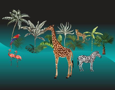 you can use Tropical background with palm trees leaves leopard zebra giraffe parrot flamingo to design banners, posters, backgrounds, ...etc.