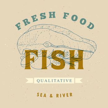 Fish logo template on a craft background. Fish label for the menu of fish restaurants, markets and shops. Vintage vector illustration in the style of an old engraving.