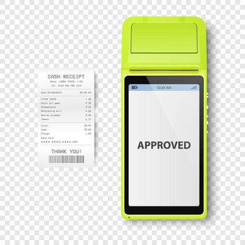 Vector 3d NFC Payment Machine, Approved Status and Paper Check, Receipt Isolated. Wi-fi, Wireless Payment. POS Terminal, Machine Design Template of Bank Payment Contactless Terminal, Mockup. Top VIew.