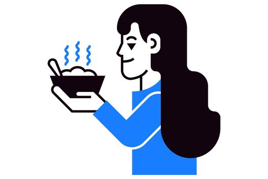 girl holding a plate with cooking hot food. flat vector illustration