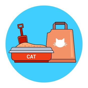 kit for cat litter. bag with filler for the tray. flat vector illustration