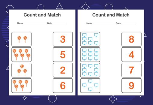Count and Match worksheet for kids. Count and match with the correct number. Matching education game.