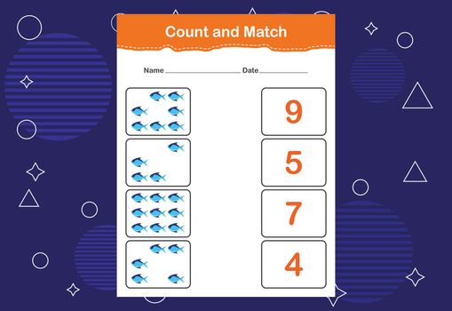 Count and match with the correct number. Matching education game. Count how many items and choose the correct number