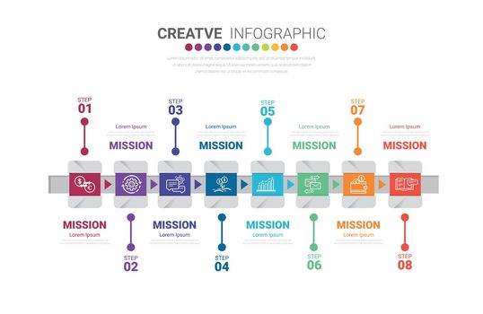 Abstract business rounded infographic template with 8 options. Colorful diagram, timeline and schedule isolated on light background.