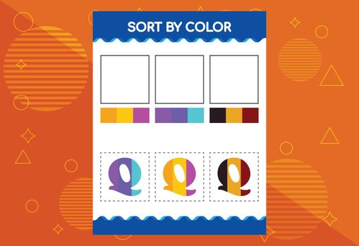 Alphabet Q sorts by color for kids. Good for school and kindergarten projects