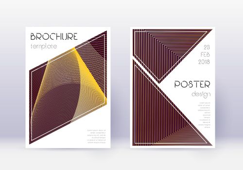 Triangle cover design template set. Gold abstract lines on maroon background. Great cover design. Neat catalog, poster, book template etc.