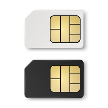 Vector 3d Realistic White and Black Plastic Sim Card Template Set Isolated. Design Template of Sim Card for Mockup, Branding. Top View.