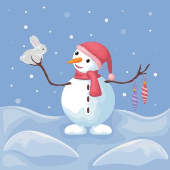 A snowman with a rabbit. Winter illustration depicting a cute snowman with Christmas tree toys. A cheerful snowman in a hat and scarf holds a rabbit in his hands. Vector illustration of Christmas.