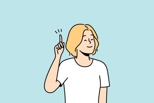 Smiling woman hold finger up generate creative idea or though. Happy female find answer or solve problem. Solution concept. Vector illustration.