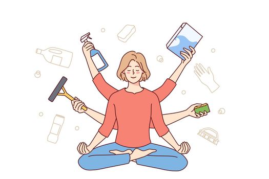 Calm woman meditating distracted from daily activity and chores. Relaxed housewife sitting with mudra hands practice yoga relieve stress. Vector illustration.