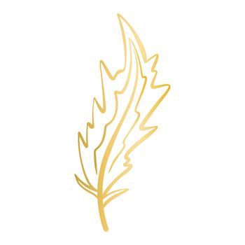 Beautiful golden decorative bird feather isolated vector illustration. Gold boho element. Graceful decoration for design