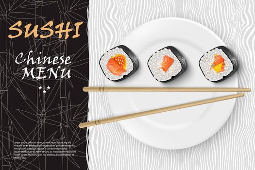 Vector realistic image of sushi on a white plate with bamboo sticks. Restaurant sushi menu background. Sushi advertisement