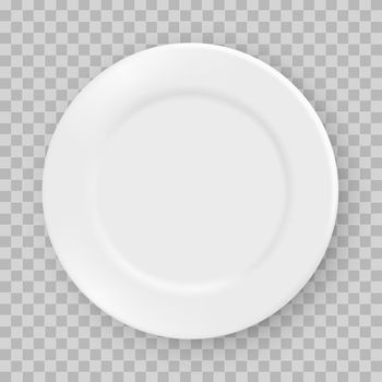 White dish plate isolated on transparent background. Kitchen dishes for food, kitchen, porcelain dishware. Vector illustration for your product.