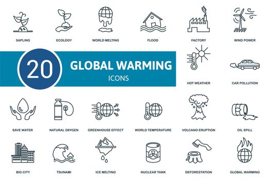 Global Warming icon set. Collection of simple elements such as the sapling, ecology, world melting, car pollution, save water, greenhouse effect, flood and other icons.