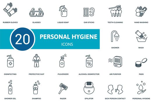 Personal Hygiene icon set. Collection of simple elements such as the rubber gloves, glasses, liquid soap, wash, disinfecting gel, pulverizer, ear sticks and other icons.