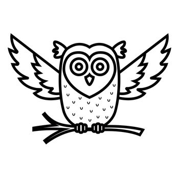 black linear icon owl flies and holds a branch in its paws. flat vector illustration.