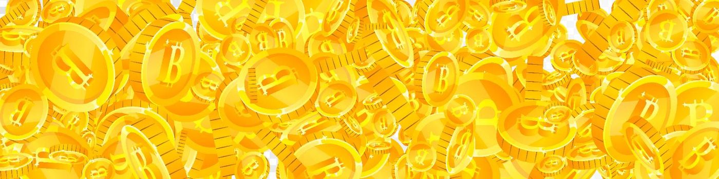 Bitcoin coins falling. Cryptocurrency scattered gold BTC coins. Internet currency. Jackpot wealth or success concept. Panoramic vector illustration.