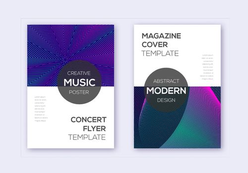 Modern cover design template set. Neon abstract lines on dark blue background. Exceptional cover design. Splendid catalog, poster, book template etc.