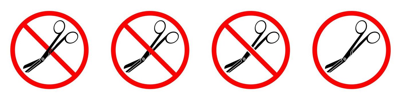 Scissors ban sign. Scissors prohibition signs set. No scissors sign. Vector illustration.