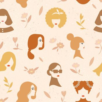 Vector seamless pattern consisting of different colors and women with hairstyles and slags.