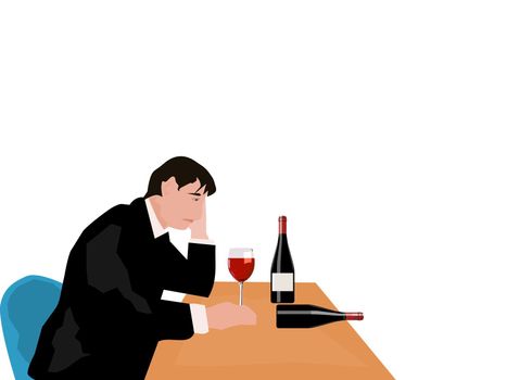 A businessman who has failed his business is drunk and drinking wine with white background.