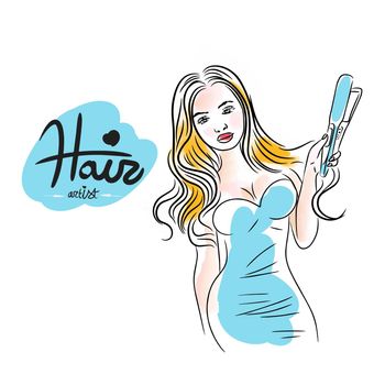 Hair artist, beautiful girl, hairdresser and hair stylist, holding a tool for work, watercolor illustration, doodle