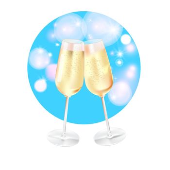 Realistic glasses of champagne with sparks. Background for the design of an invitation, celebration, greeting card