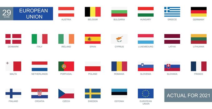 Set of all flags of European countries in rectangular shape with description - Vector illustration