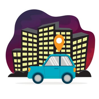 simple two-door blue coupe car side view with a location icon on top drives against the backdrop of night city skyscrapers in a bubble isolated on white background flat graphic. Car arrival and tracking illustration