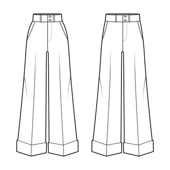 Set of Pants oxford tailored technical fashion illustration with normal low waist, high rise, full length, slant jetted pockets. Flat trousers apparel template front white color. Women men CAD mockup