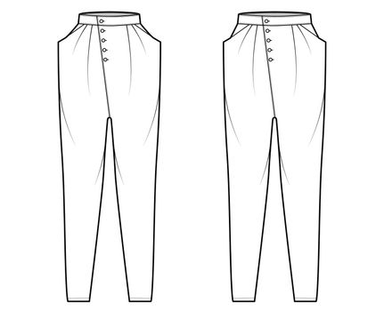 Set of Tapered Baggy pants technical fashion illustration with low normal waist, high rise, slash pockets, draping front. Flat apparel template, white color style. Women, men, unisex CAD mockup