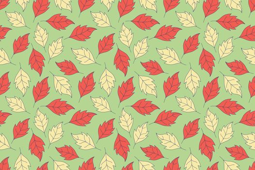 Seamless red and yellow pattern with flowers on green background. Hand drawn vector illustration. Simple colored autumnal doodles for fashion design and fabric background.