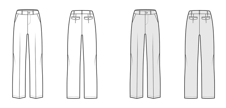Pants tailored technical fashion illustration with low waist, rise, full length, slant pockets, belt loops. Flat bottom trousers apparel template front, back, white grey color. Men unisex CAD mockup