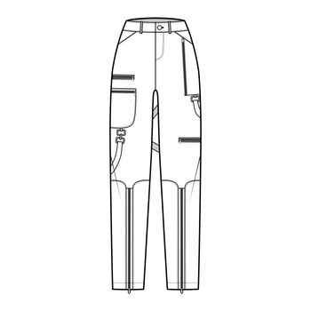 Bondage pants technical fashion illustration with normal waist, high rise, pockets, belt loops, full lengths. Flat bottom apparel template front, white color style. Women, men, unisex CAD mockup