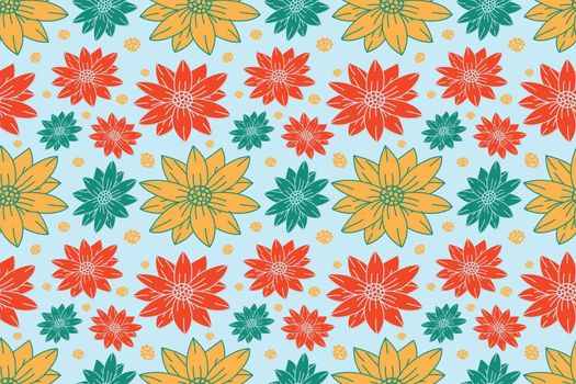 Blooming pomegranate flowers on blue background. Russian style seamless pattern. Ready to use for fabric, gift wrap, wallpaper design. Vector illustration