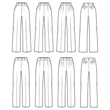 Set of Pants tailored technical fashion illustration with normal low waist, high rise, full length, slant slashed pockets. Flat trousers apparel template front, back, white color. Women men CAD mockup