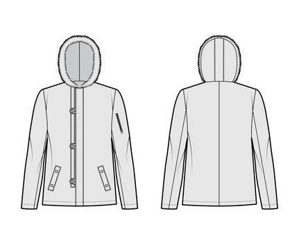 N-2B flight jacket technical fashion illustration with oversized, fur hood, long sleeves, pockets, button loop opening. Flat coat template front, back grey color style. Women men unisex top CAD mockup