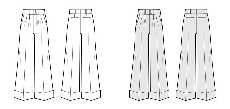 Pants oxford tailored technical fashion illustration with low waist, rise, full length, double pleat, slant slashed jetted pockets. Flat trousers template front, back white, grey color. Women men CAD