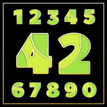 Colorful stylized mosaic font with digits. Part 3 of 4. Enamel jewelry art isolated numbers in green colors. Typography vector illustration on black background for elegant and stylish design.