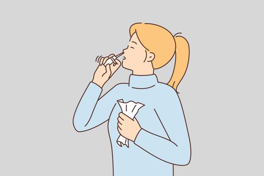 Sick woman using nasal spray suffer from runny nose. Unhealthy girl take medication struggling with cold or flu. Healthcare and medication. Vector illustration.