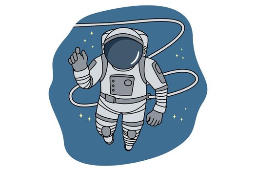 Astronaut in space costume flying in open universe. Cosmonaut in in spacesuit in cosmos. Astrology and science. Vector illustration.