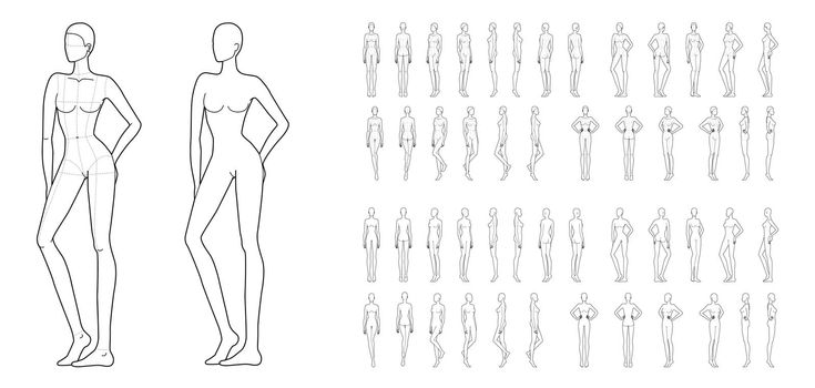 Fashion template of 50 women in different poses with main lines. 9 head size for technical drawing. Lady figure front, side, 3-4 and back view. Vector girls for fashion sketching and illustration.