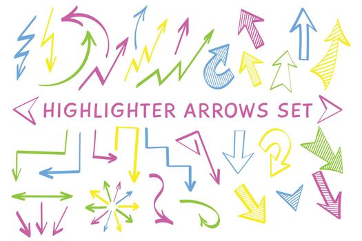 Sketch arrow highlight marker set vector illustration. Group of neon colors arrows and pointers, felt marker style symbols for hand drawn diagrams, mind maps and planning highlight drawings